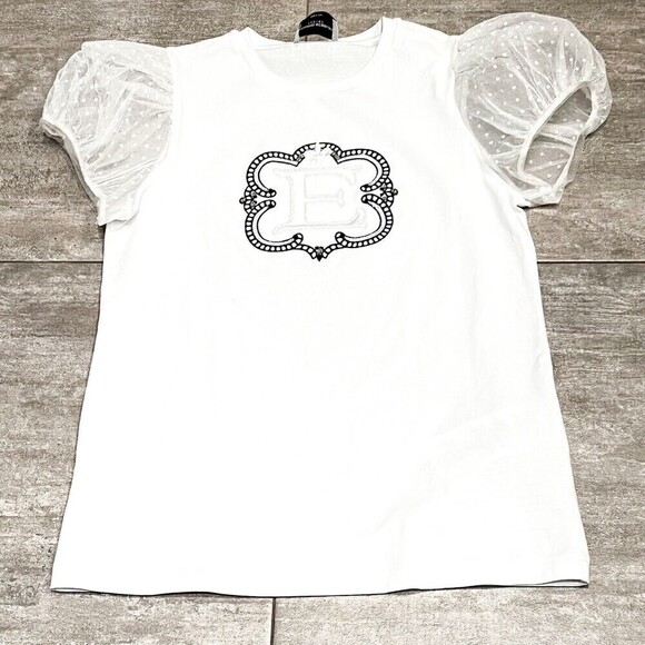 Ermanno Scervino Junior  White “E” Princess T Shirt With Tulle Sleeves Size XL - Picture 1 of 9